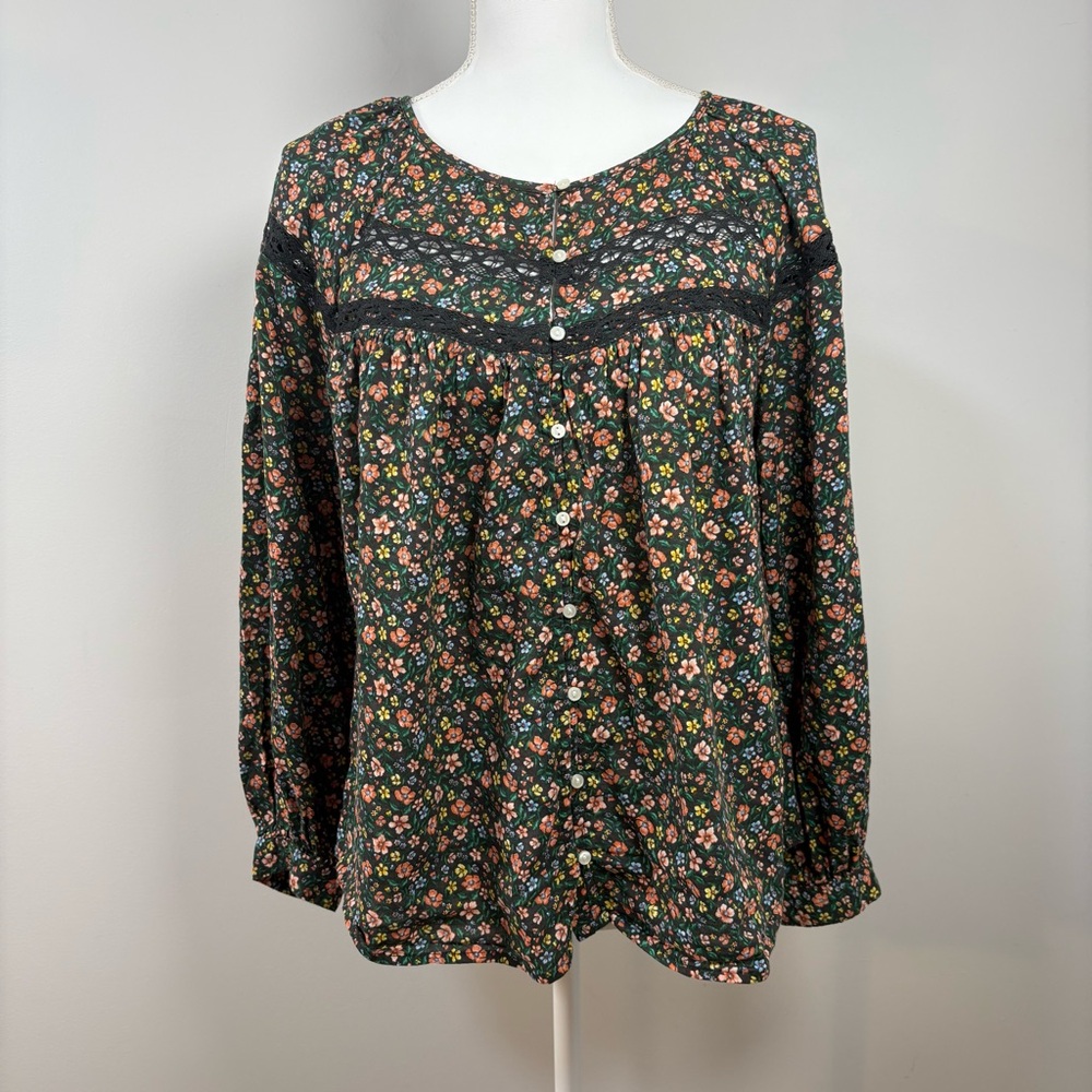 Boho Cottagecore Floral Lace Blouse Peasant Top Flowy Womens Medium